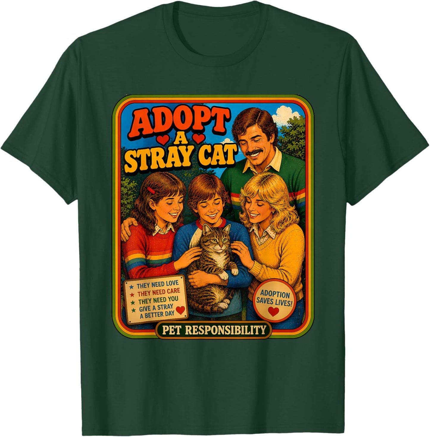 Adopt A Stray Cat Rescue Awareness Pet Adoption Retro 70s T-Shirt - T-Shirt | Forest