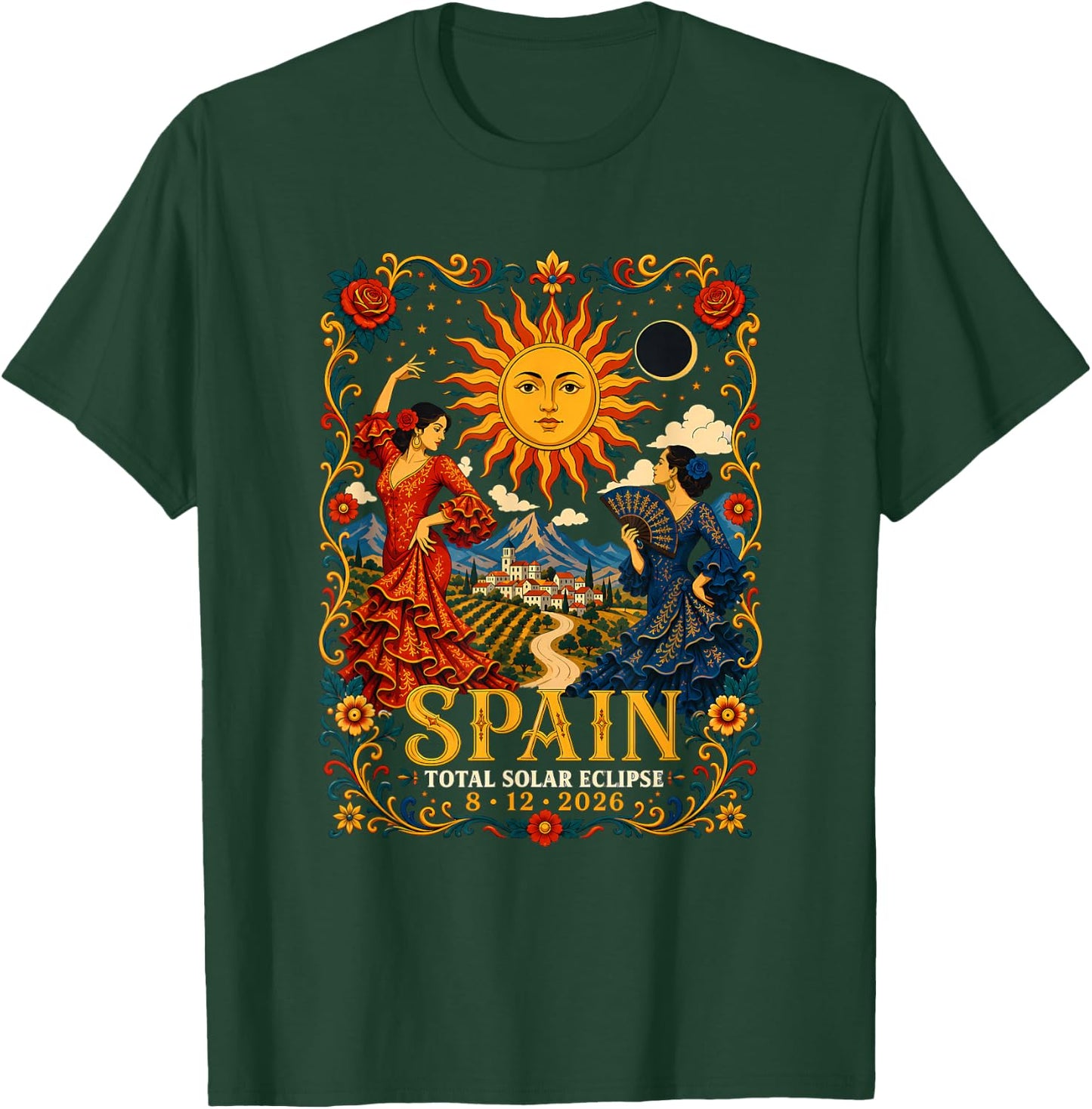 Spain Total Solar Eclipse 2026 August Flamenco Astronomy Art T-Shirt - T-Shirt | Forest