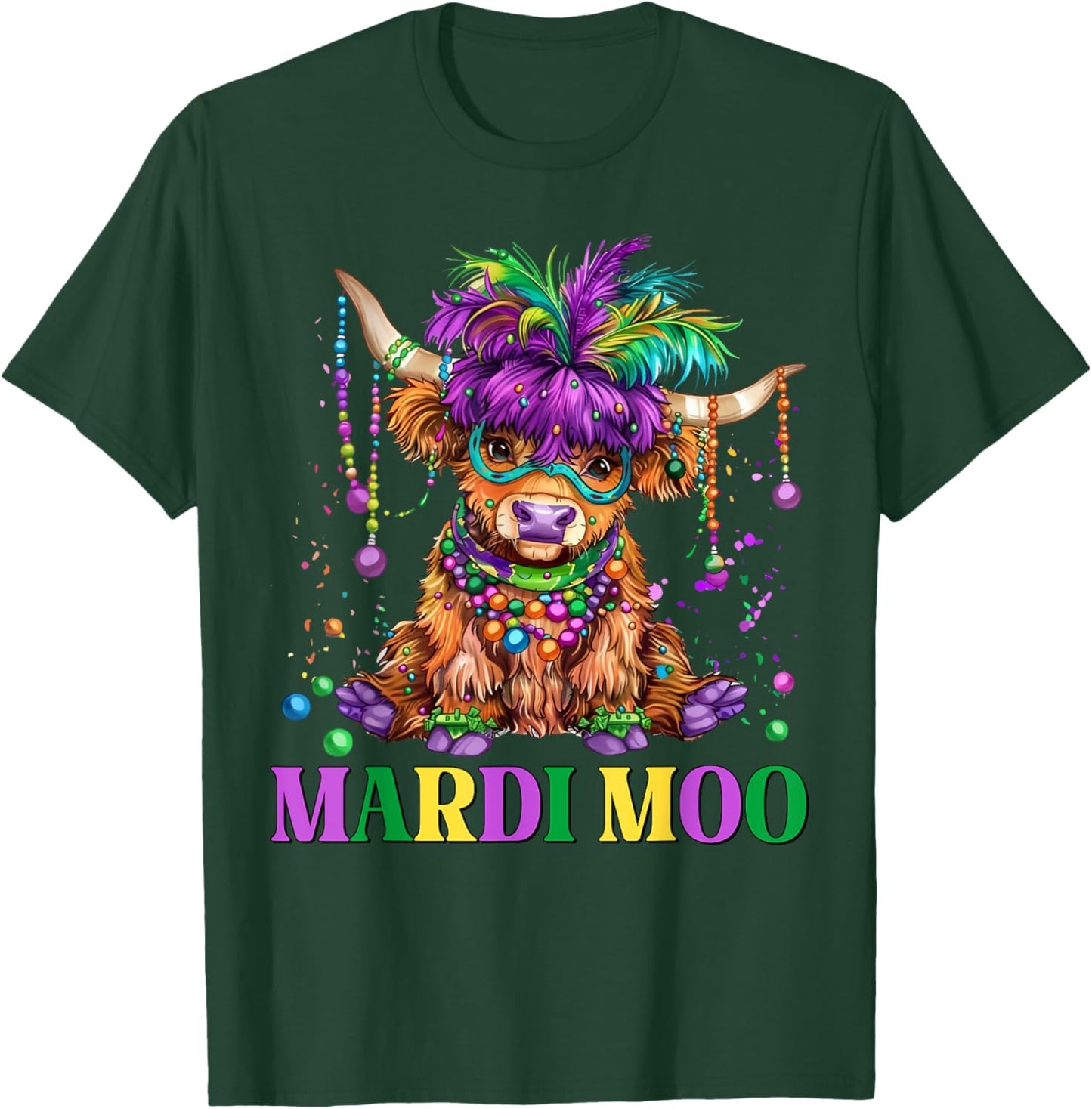 Retro Highland Cow Mardi Moo Mask Beads Mardi Gras Funny Cow T-Shirt - T-Shirt | Forest