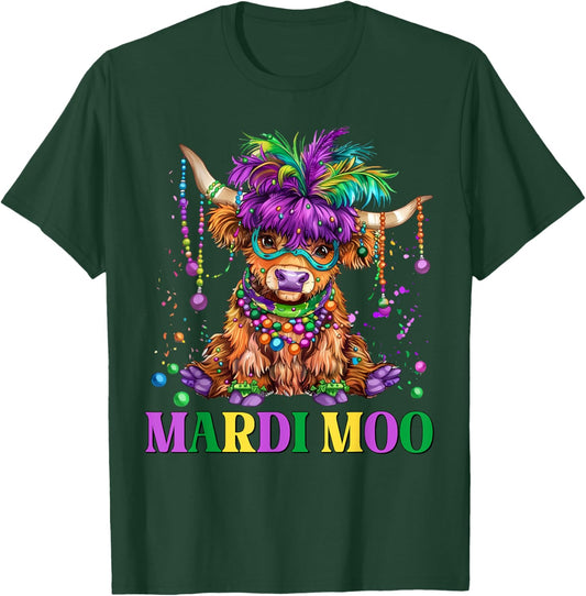 Retro Highland Cow Mardi Moo Mask Beads Mardi Gras Funny Cow T-Shirt - T-Shirt | Forest
