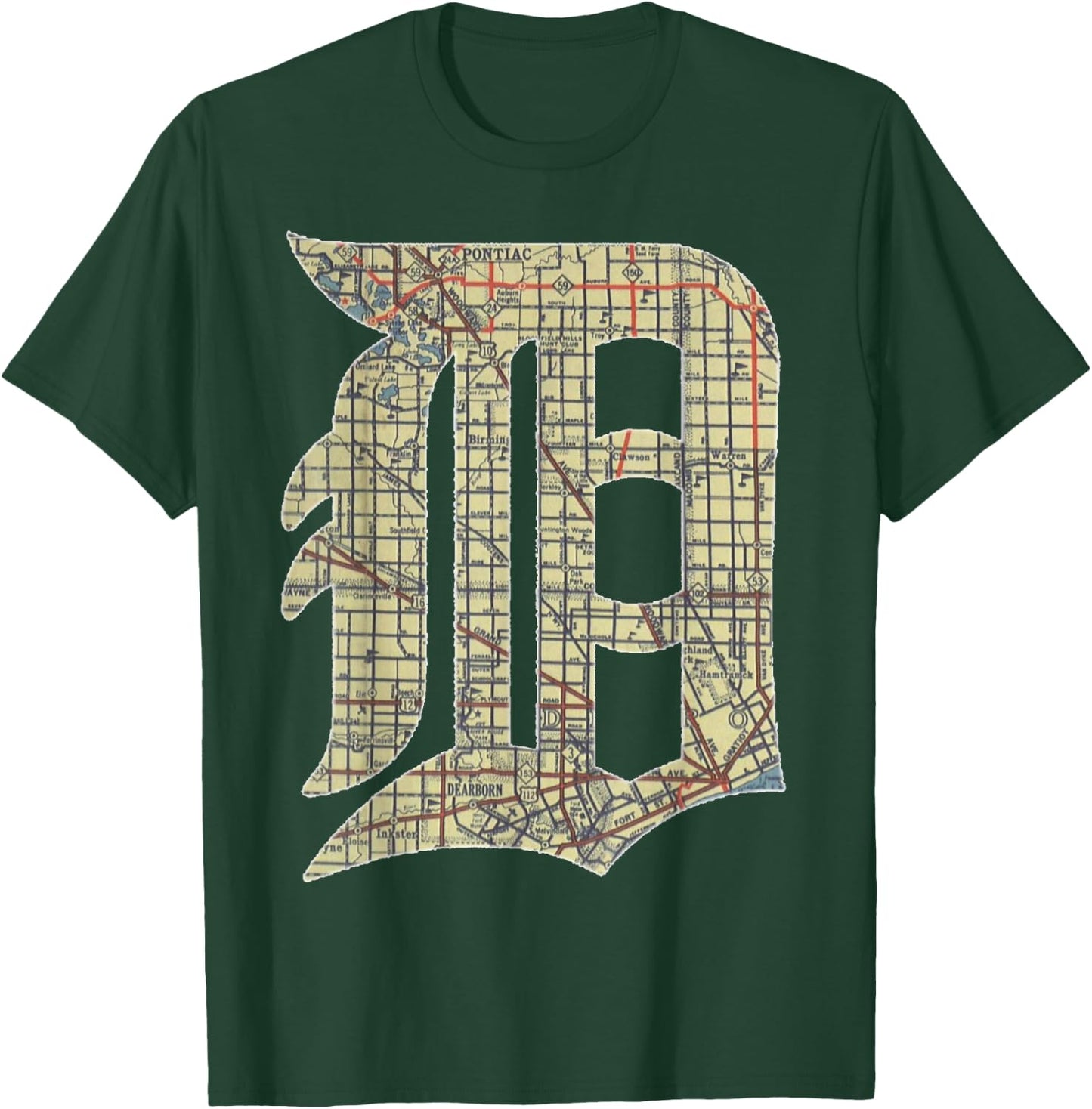 Detroit City Map Old English D T-Shirt - T-Shirt | Forest