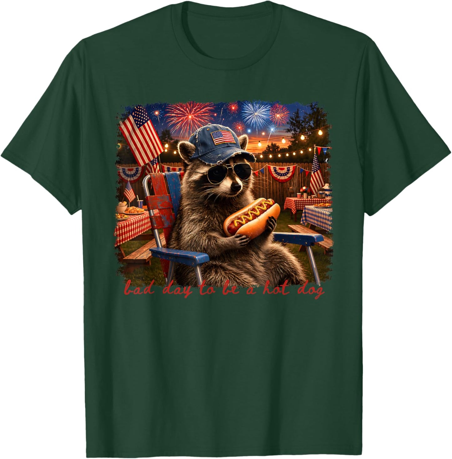 4Th of July Raccoon Drinking Funny Bad Day to Be A Hot Dog T-Shirt - T-Shirt | Forest