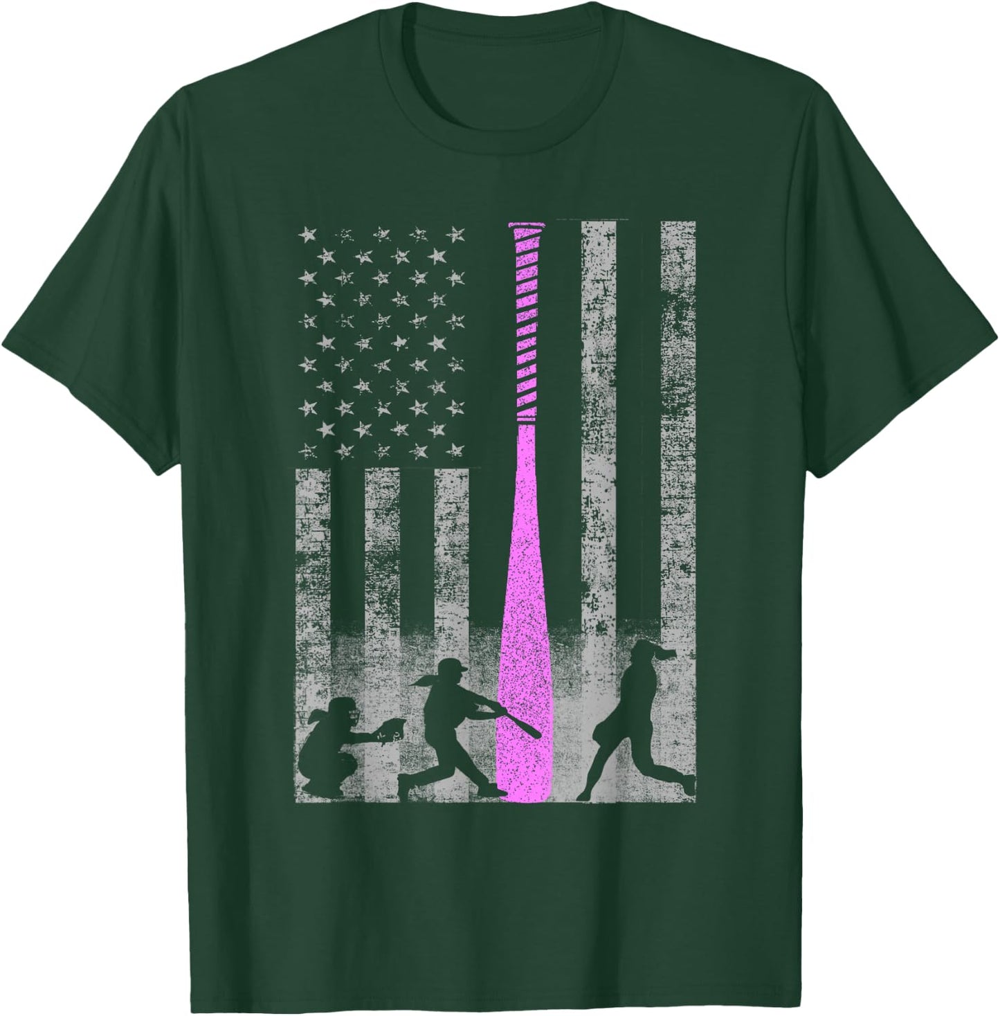 American Softball Flag - Players and Pink Bat T-Shirt - T-Shirt | Forest