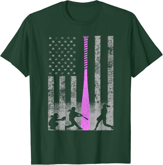 American Softball Flag - Players and Pink Bat T-Shirt - T-Shirt | Forest