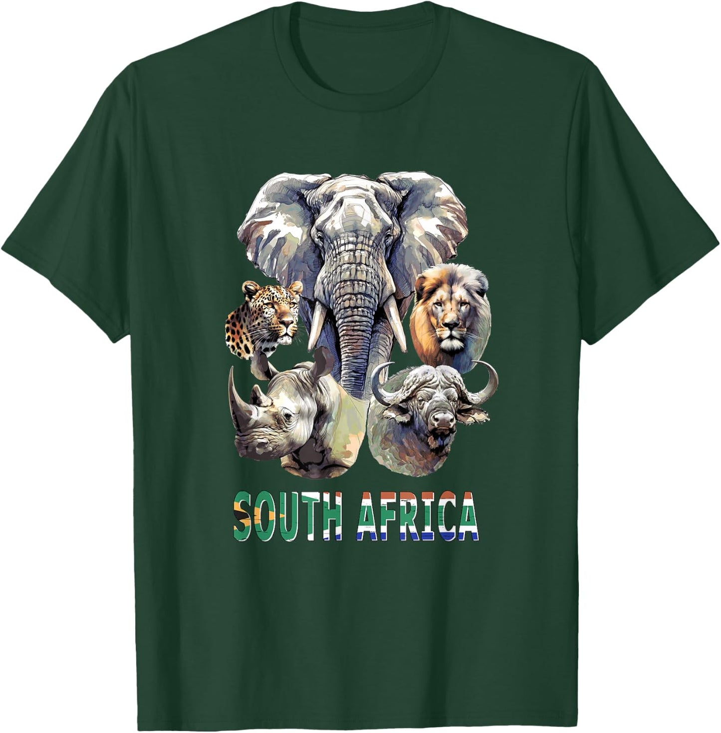 South Africa Big-Five Wildlife Watercolor for Safari Fans T-Shirt - T-Shirt | Forest