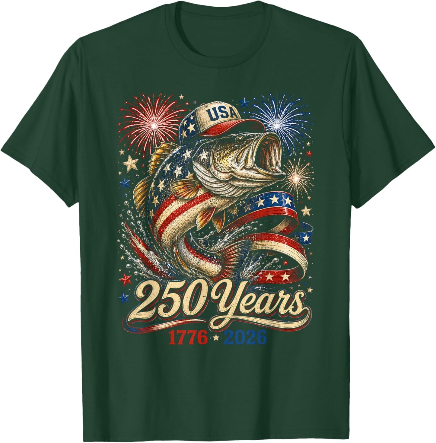 250 America 1776 2026 Bass Fishing USA Flag 250th Birthday T-Shirt - T-Shirt | Forest