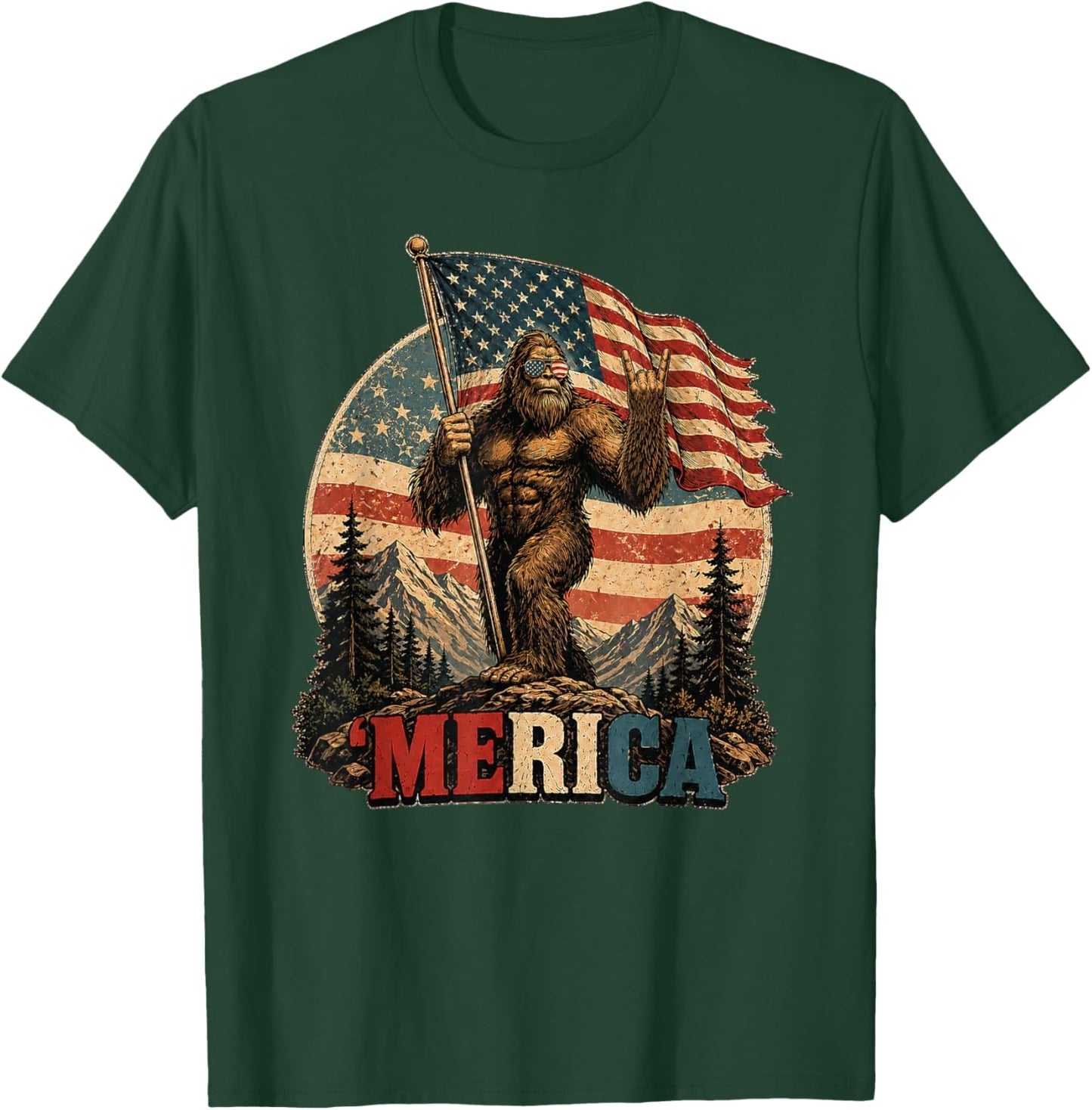 Bigfoot Merica Rock 250th American Flag Patriotic 4th July T-Shirt - T-Shirt | Forest