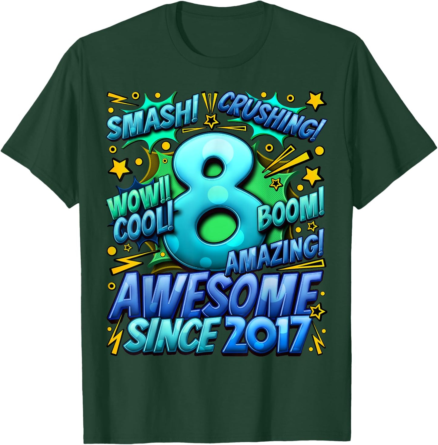 New Comic Style Birthday Gifts 2025 For Boys 8th Birthday Boy -Kids Black Small Cotton 70%, Polyester 30% Short Sleeve T-Shirt - T-Shirt | Forest