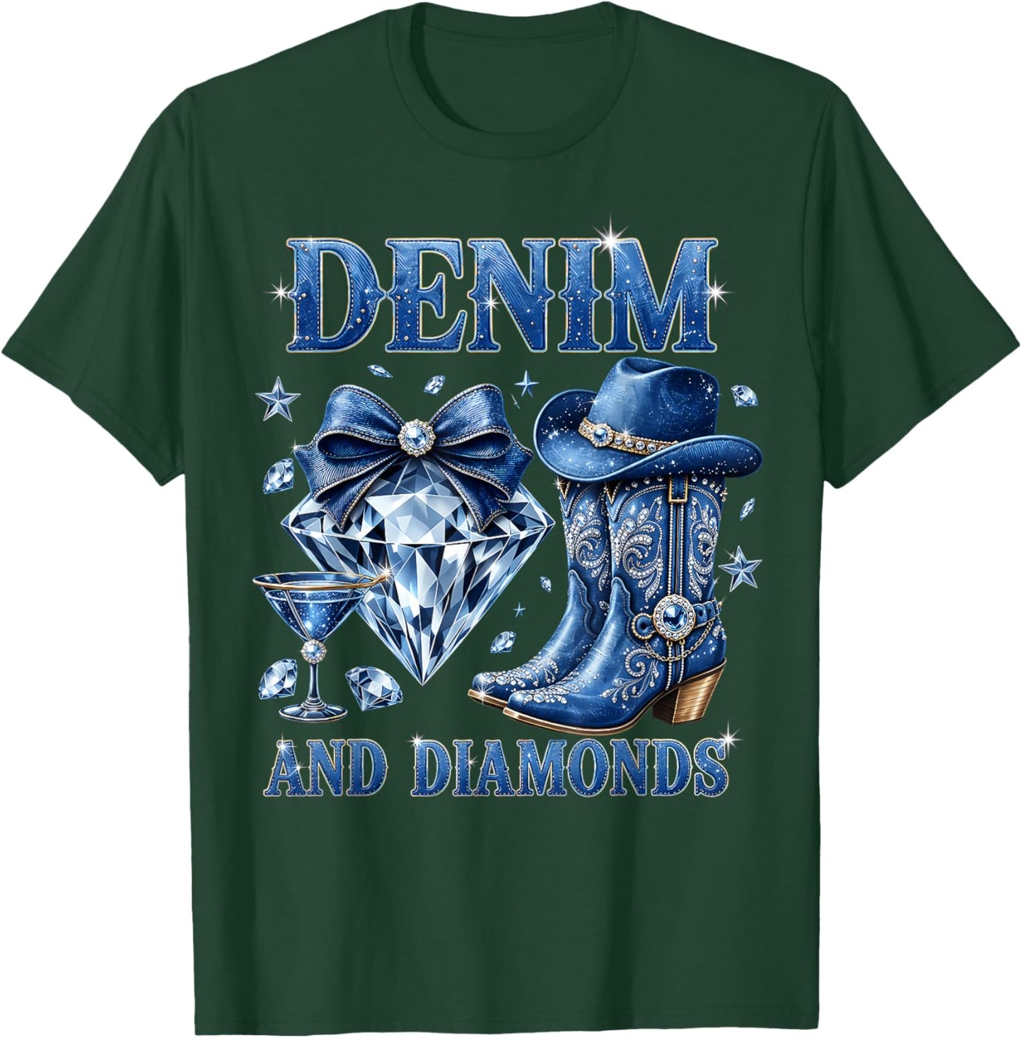 Denim and Diamonds Bow Western Cowgirl Ladies Girls Women T-Shirt - T-Shirt | Forest