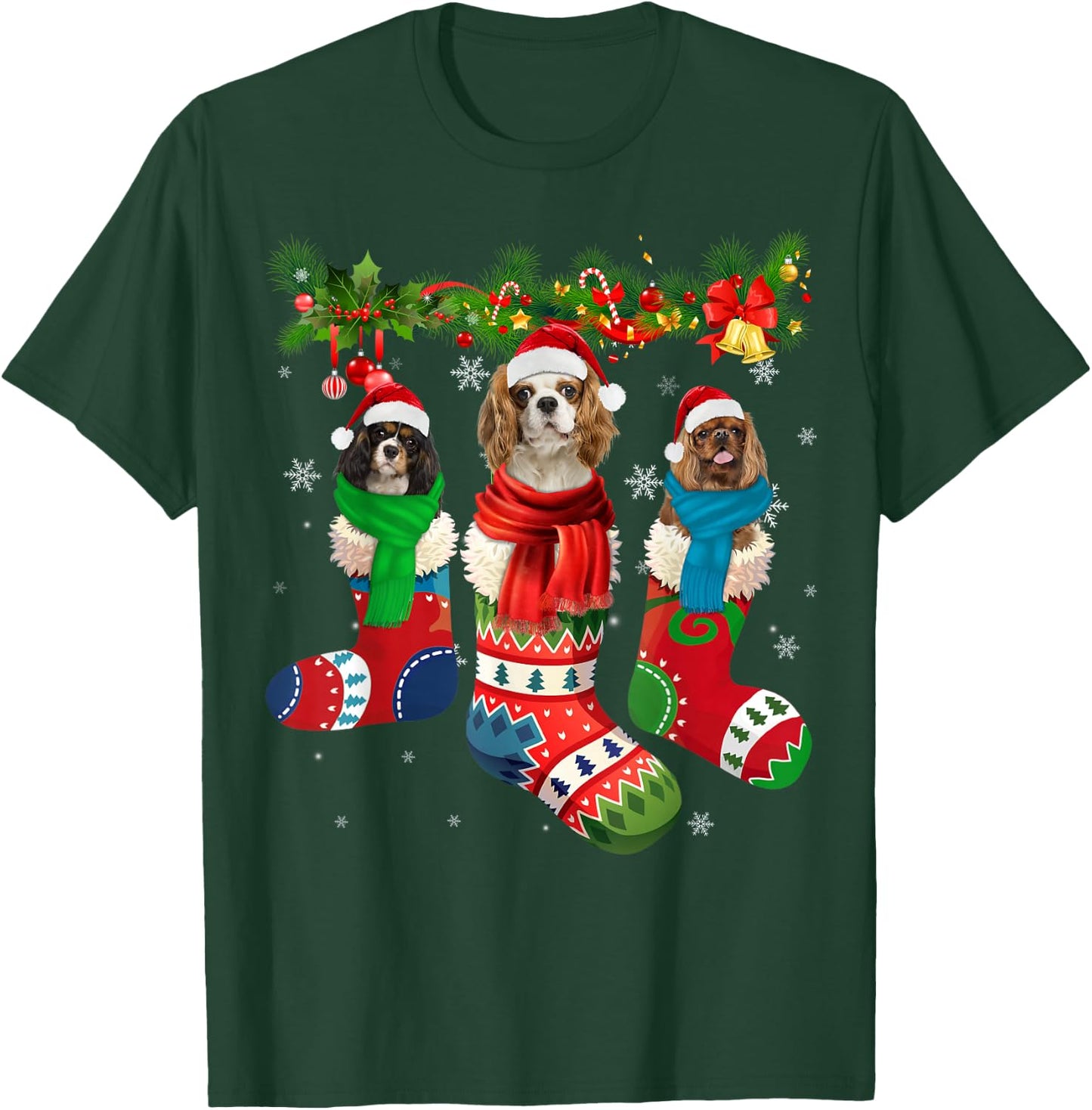 Three Cavalier King Charles Spaniel In Christmas Sock T-Shirt - T-Shirt | Forest