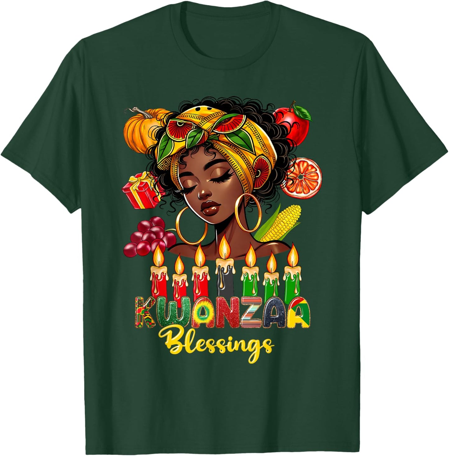 Kwanzaa Blessings Afro American Celebration Black Woman T-Shirt - T-Shirt | Forest