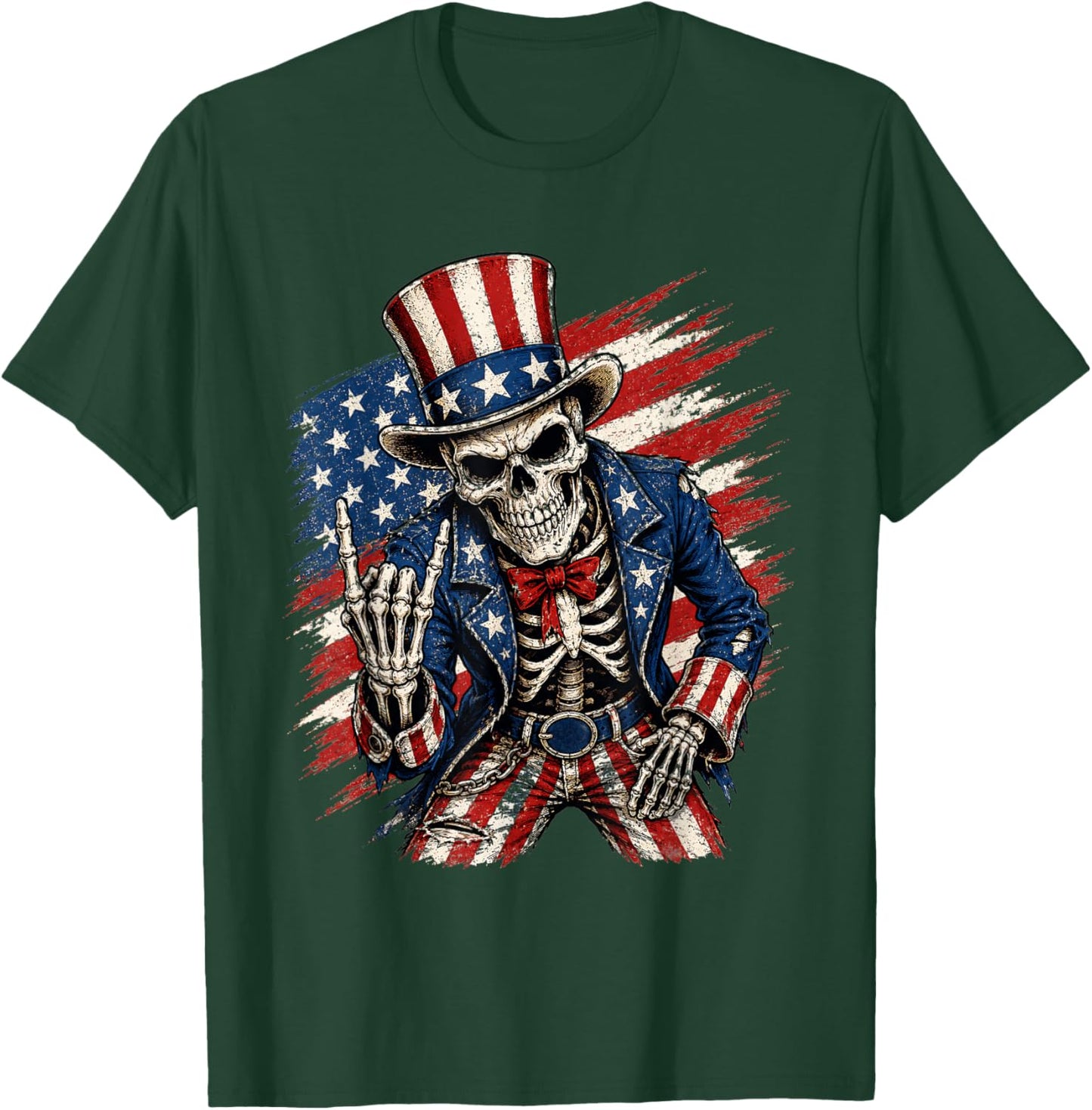 Patriotic Skeleton 4th of July Rock Hand USA American Flag T-Shirt - T-Shirt | Forest