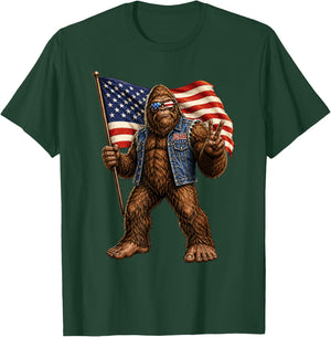 Bigfoot American Flag Sasquatch USA Patriotic Peace Sign T-Shirt - T-Shirt | Forest