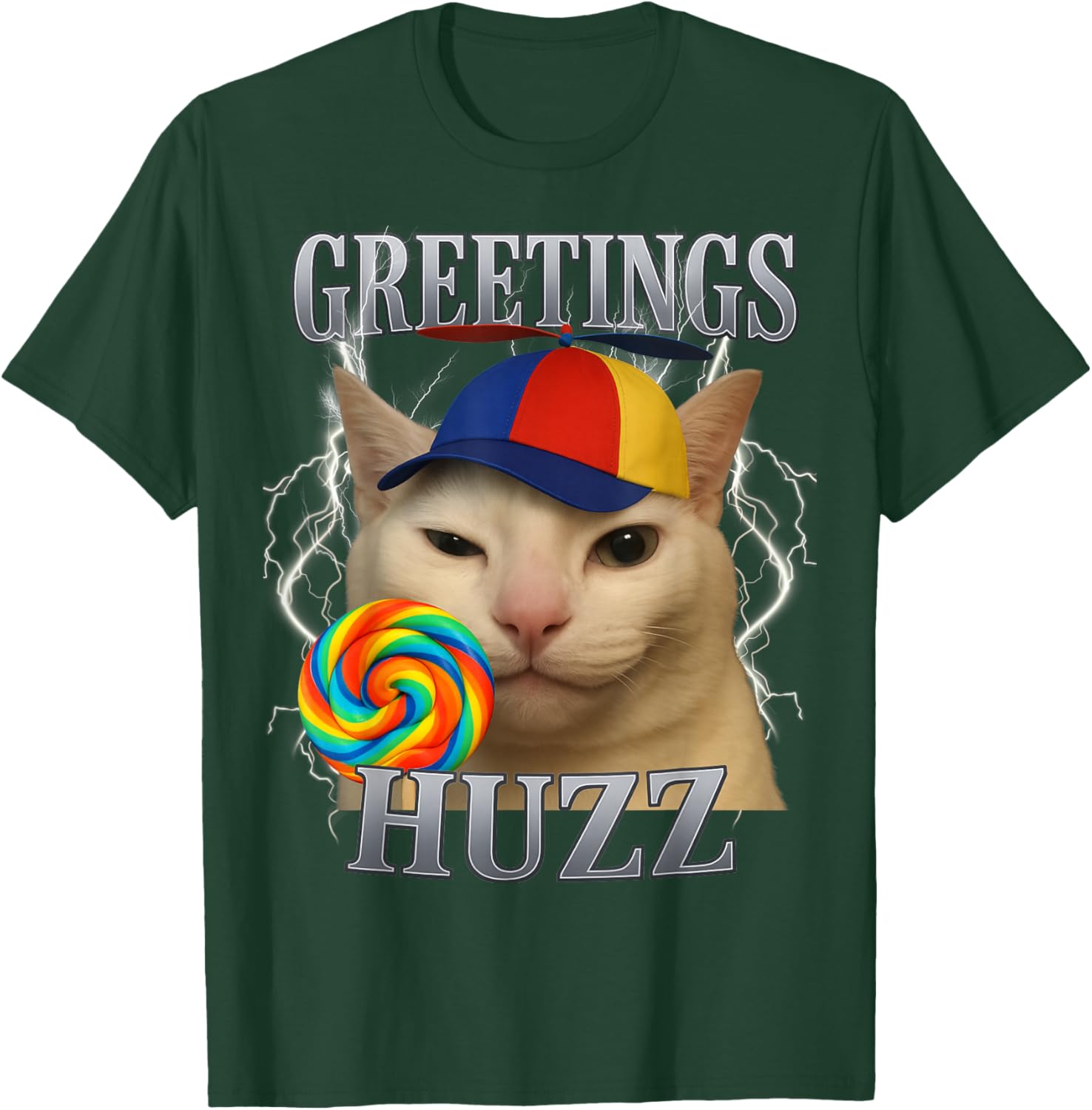 Greetings Huzz Cat Silly Funny Cat Meme Men Women Graphic T-Shirt - T-Shirt | Forest