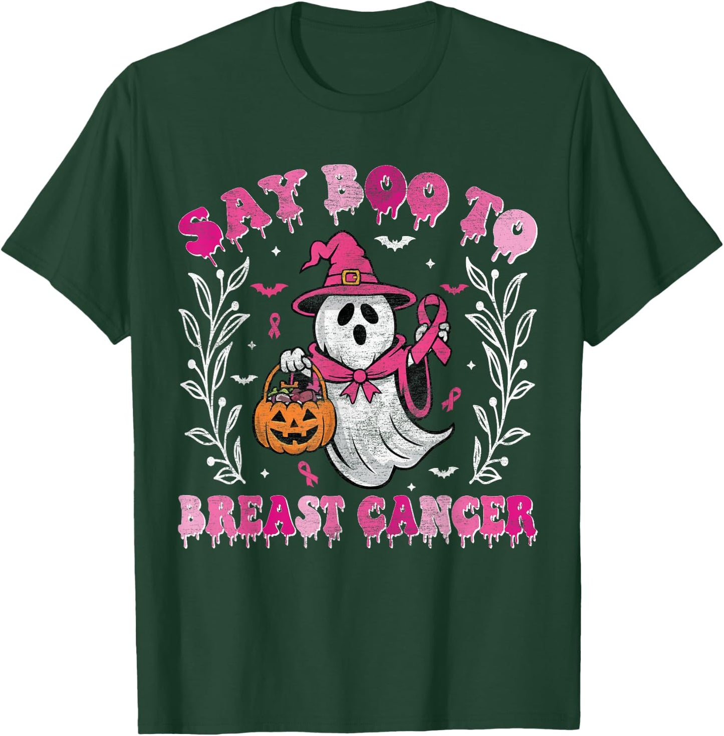 Say Boo to Breast Cancer Halloween Ghost Witch Breast Cancer T-Shirt - T-Shirt | Forest