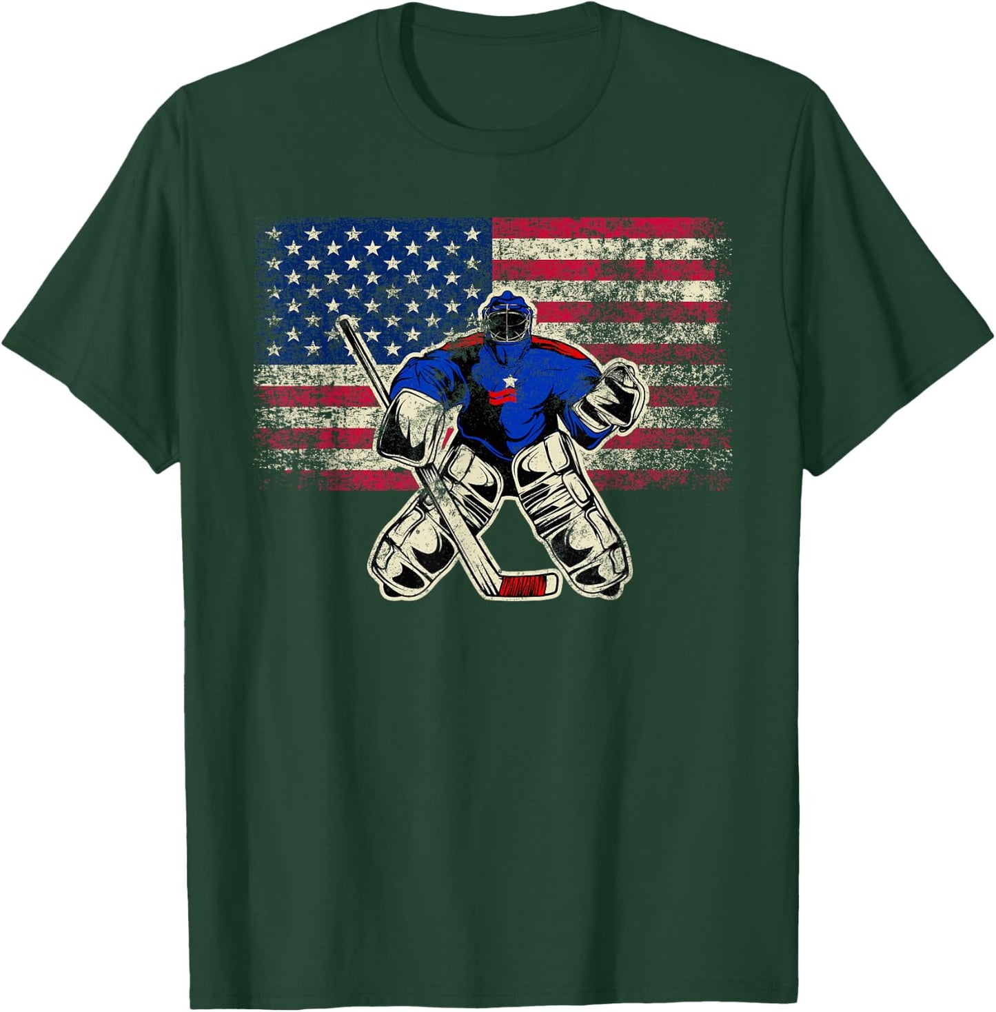 Vintage Ice Hockey Goalie USA Flag Gift Goalie T-Shirt - T-Shirt | Forest
