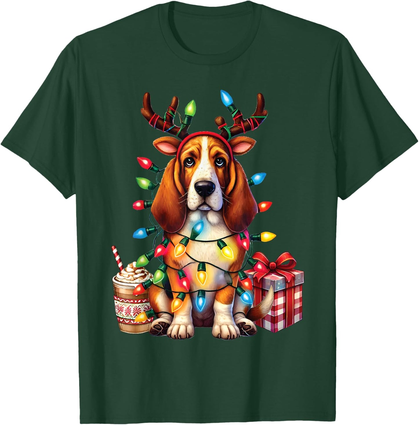 Pet Animal Basset Hound Dog Lover Reindeer Christmas Light T-Shirt - T-Shirt | Forest