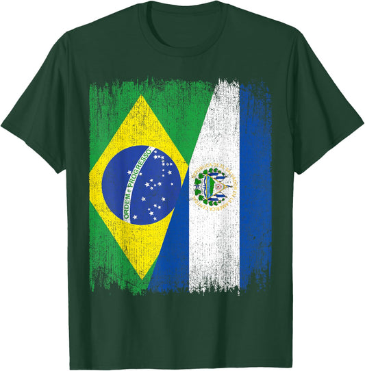 Half Brazil El Salvador Split Flag Brazilian Salvadoran Root T-Shirt - T-Shirt | Forest