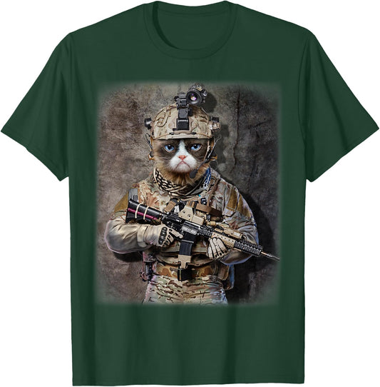 Disgruntle Cat as Army Commando in Full Tactical T-Shirt - T-Shirt | Forest