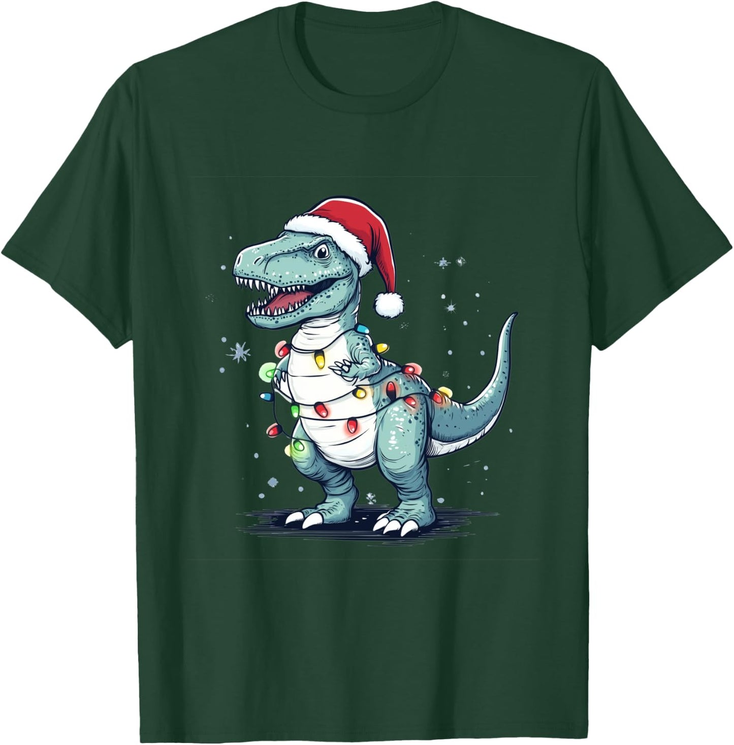 Santa Hat Trex Dinosaur Christmas Lights T-rex Moms Dads T-Shirt - T-Shirt | Forest