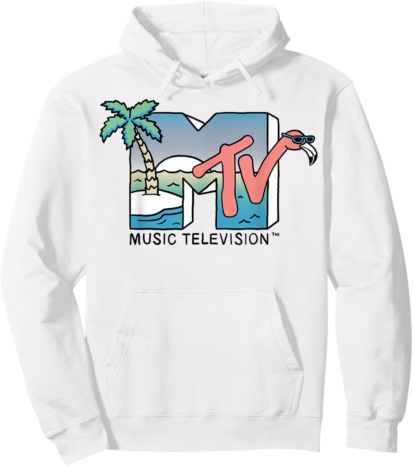 MTV Beachy Flamingo Scene Retro Logo Graphic Hoodie - Hoodie | White