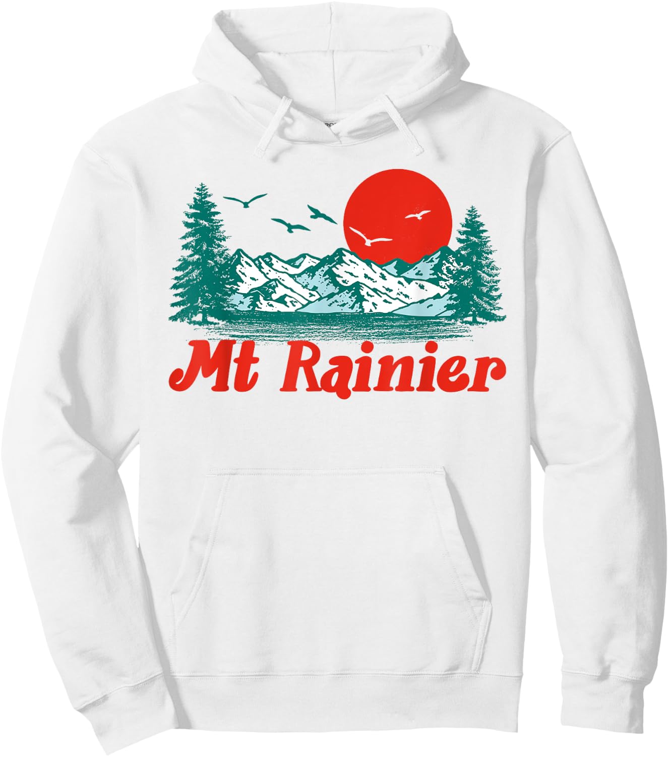 Retro Mt Rainier Mountain Trees & Sun Scene Graphic Hoodie - Hoodie | White