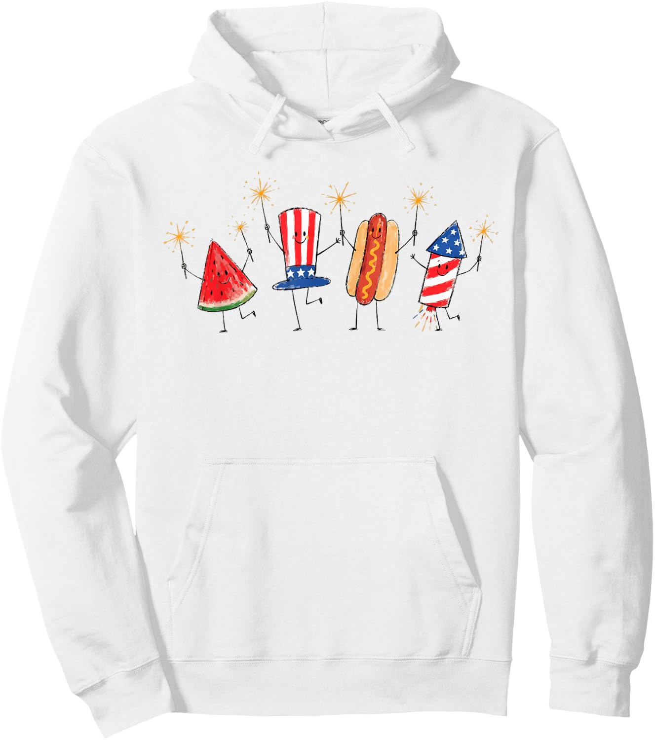 Cute Patriotic Doodle Watermelon Hotdog Firework 4th of July Hoodie - Hoodie | White