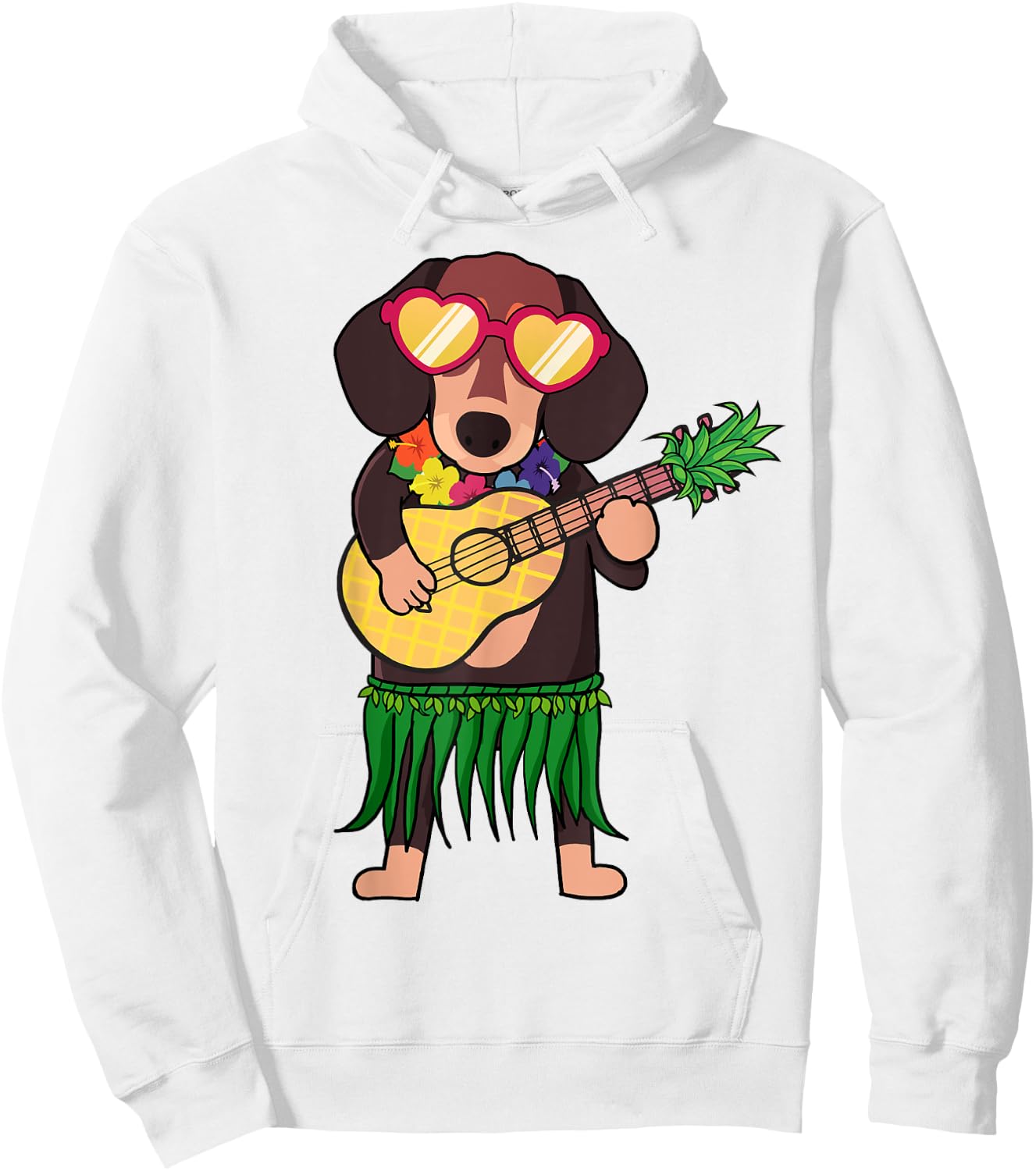 Dachshund Hawaiian Costume Playing Ukulele Summer Shirt Women Kids Hoodie - Hoodie | White