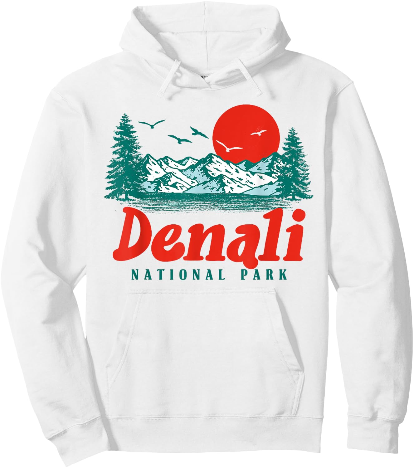 Retro Denali National Park Mountain Trees & Sun Graphic Hoodie - Hoodie | White