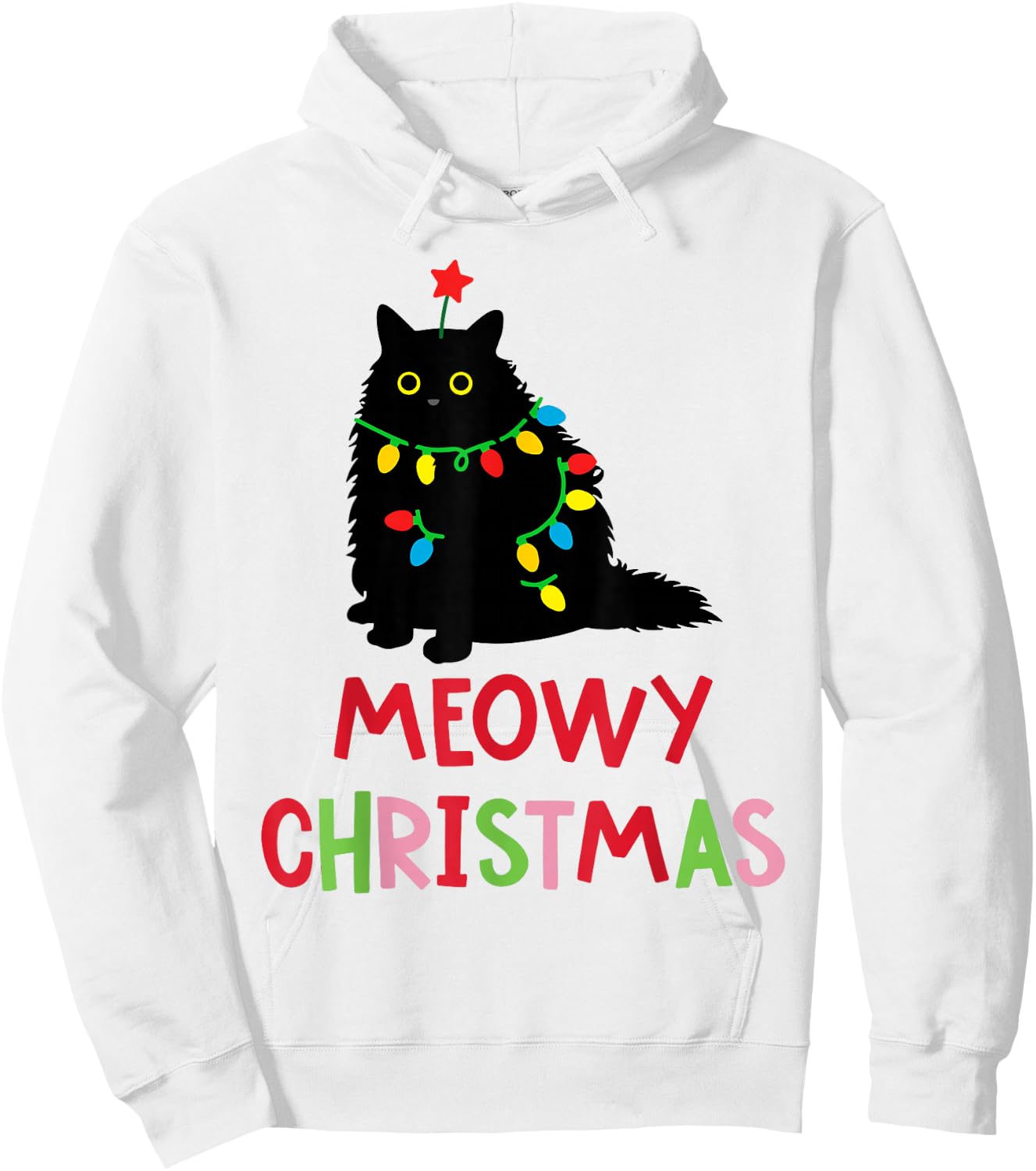 Meowy Christmas Funny Black Cat Christmas Lights Cat Lovers Hoodie - Hoodie | White