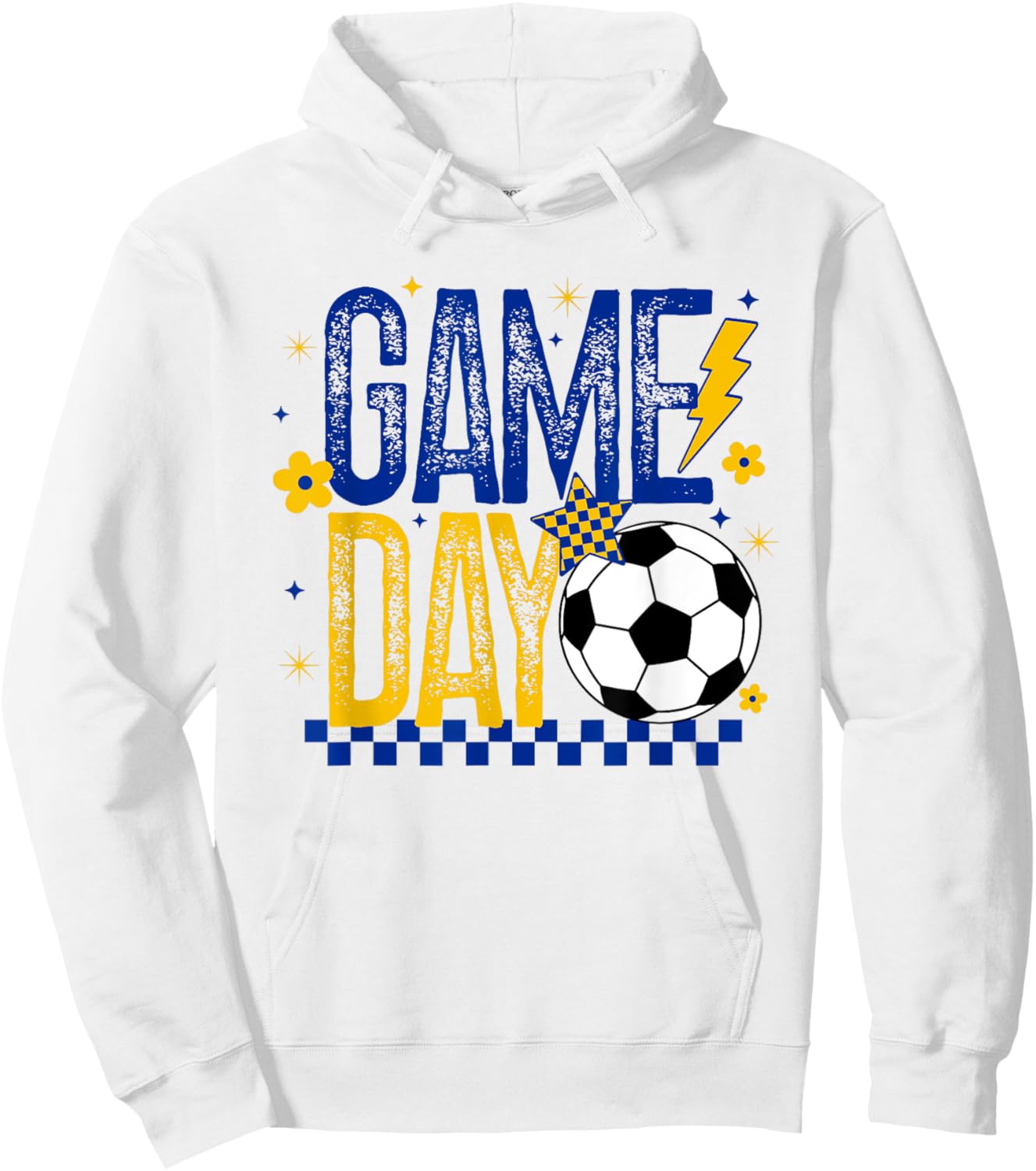 Game Day Soccer Season Retro Blue Gold Checkered Lightning Hoodie - Hoodie | White
