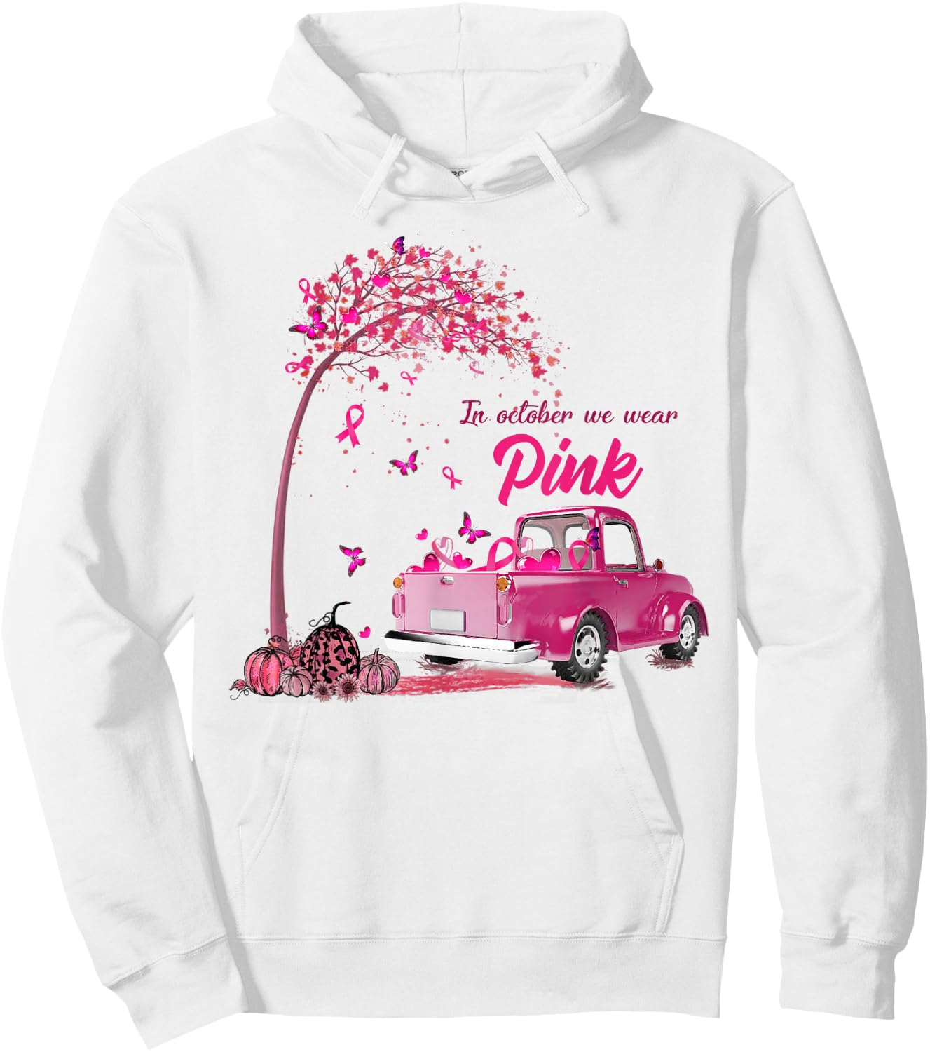 In October We Wear Pink Truck Breast Cancer Awareness Gifts Hoodie - Hoodie | White