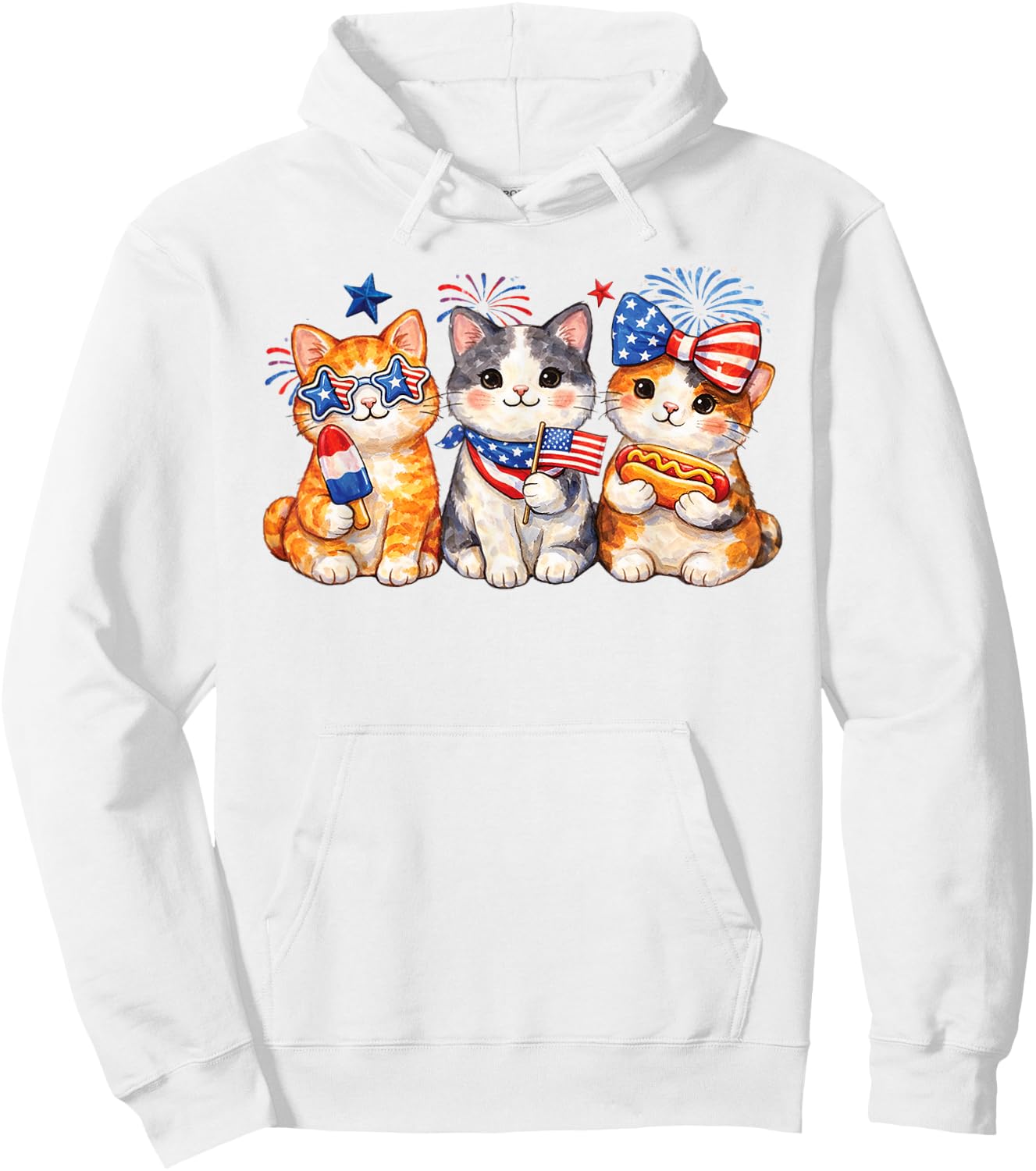 Patriotic Cat Trio Fourth of July Cute Kitten USA Graphic Hoodie - Hoodie | White