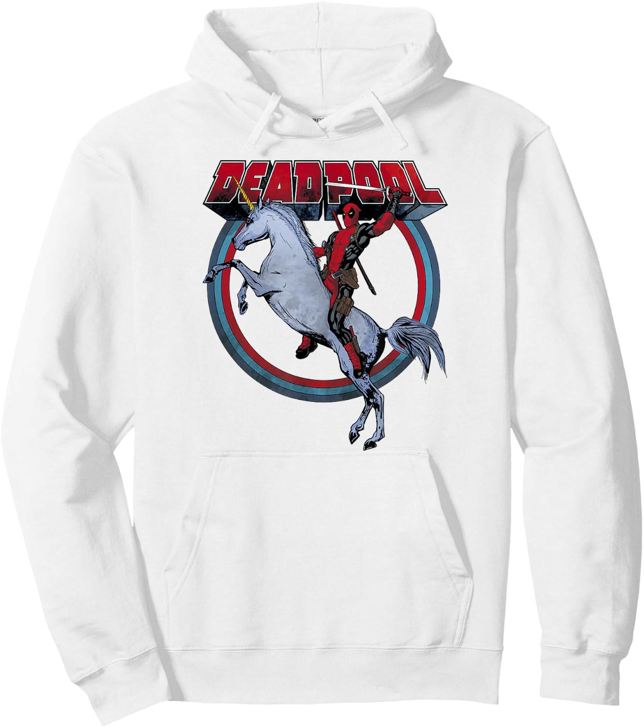 Marvel Deadpool Riding A Unicorn Circle Graphic C2 Hoodie - Hoodie | White