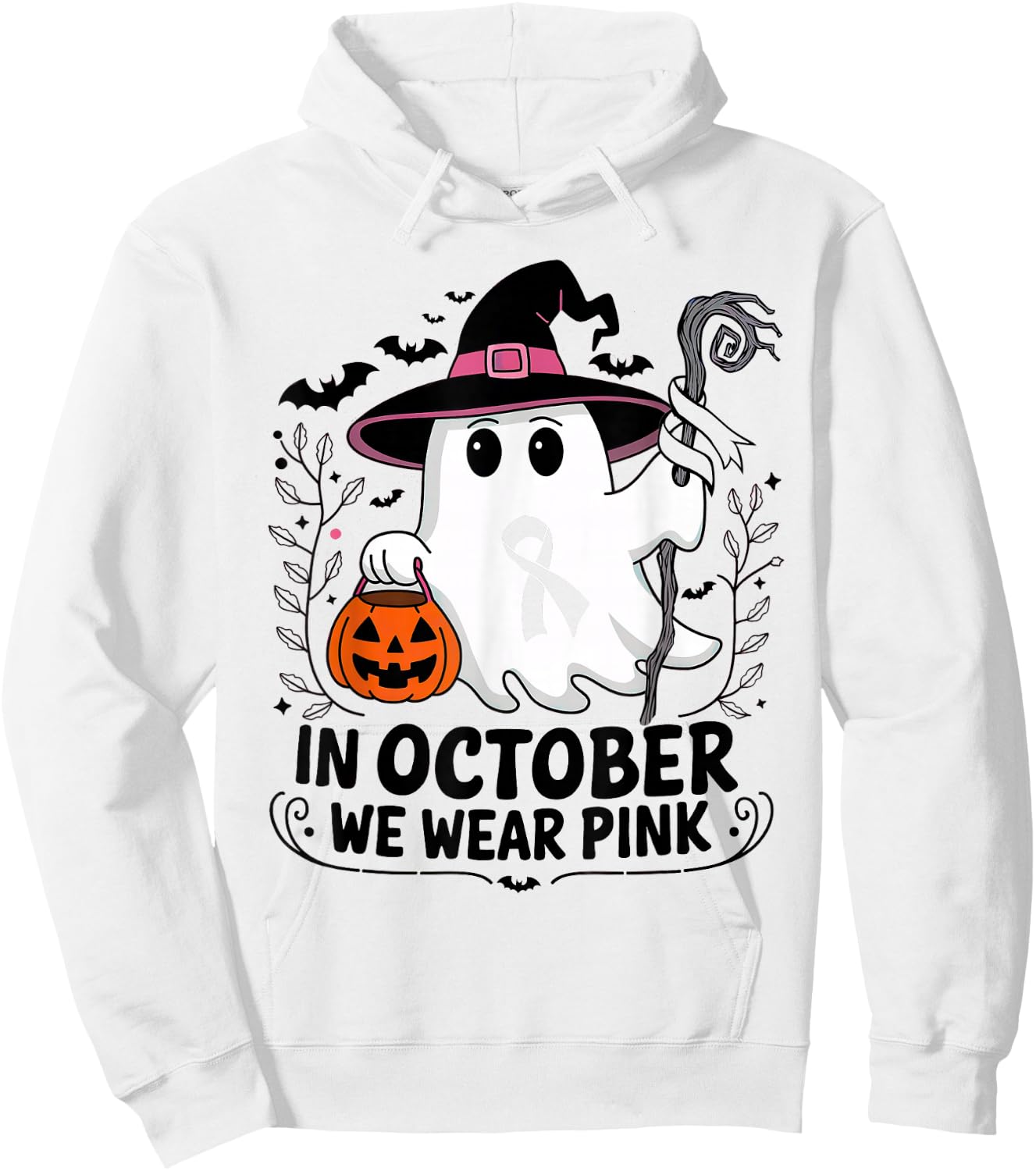 In October We Wear Pink Breast Cancer Awareness Halloween Hoodie - Hoodie | White