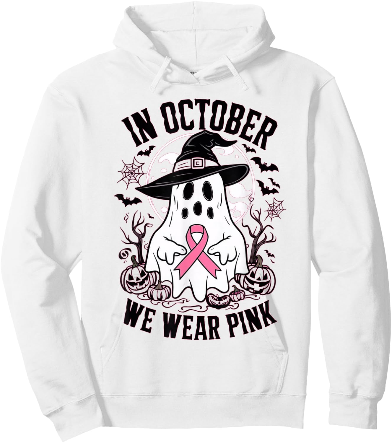 In October We Wear Pink Ghost Witch Hat Breast Cancer Women Hoodie - Hoodie | White