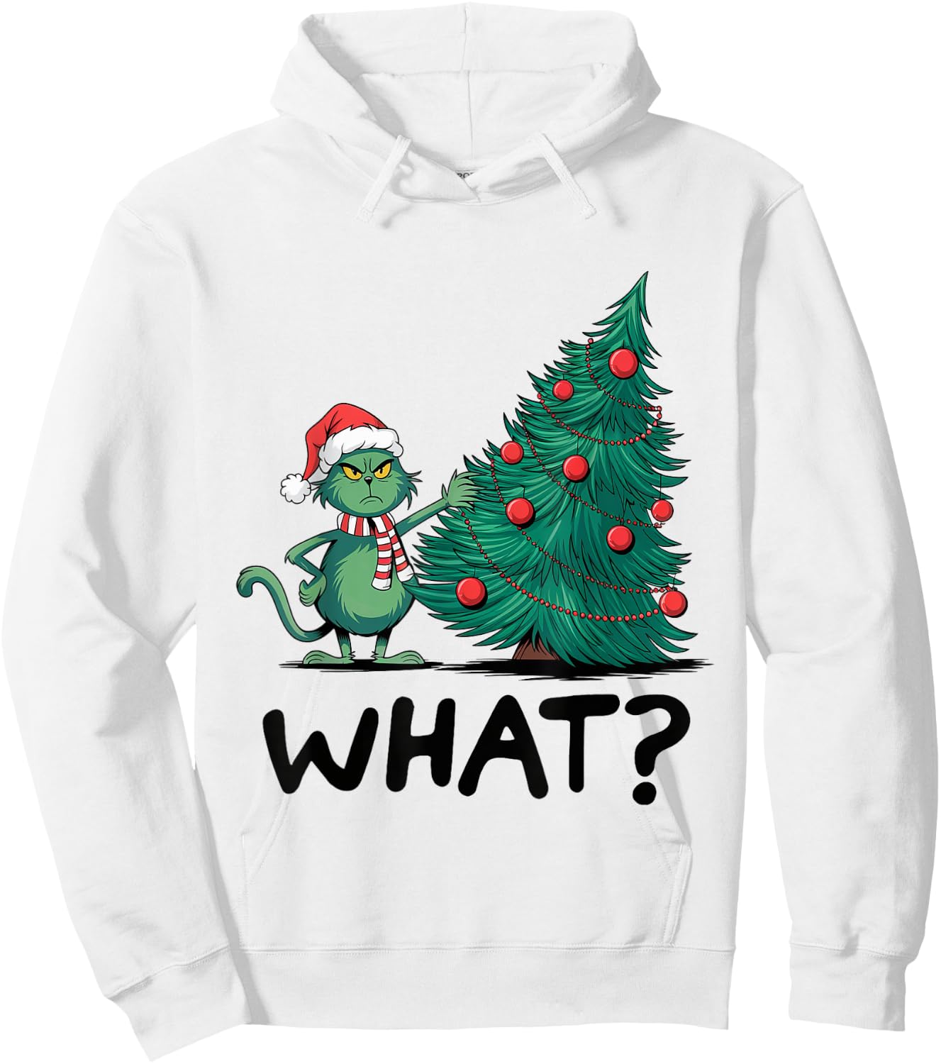 Cat What Funny Green Cat Pushing Christmas Tree Ugly Xmas Women Kids Hoodie - Hoodie | White