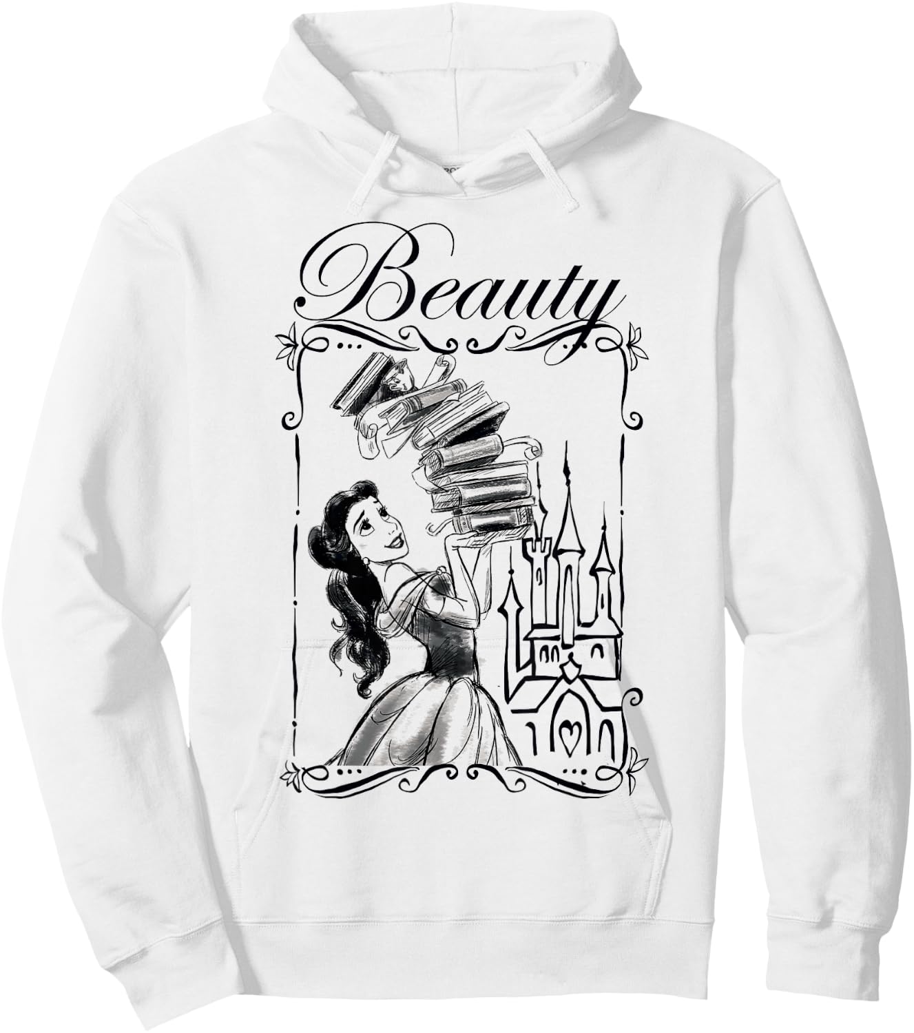 Disney Beauty and the Beast Belle Book Stack Sketch Portrait Hoodie - Hoodie | White