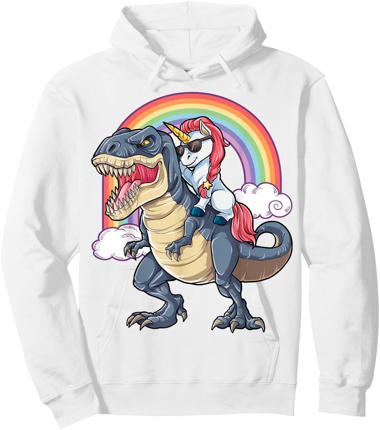 Unicorn Riding T rex Shirt Dinosaur Boys Girls Kids Gift Men Hoodie - Hoodie | White