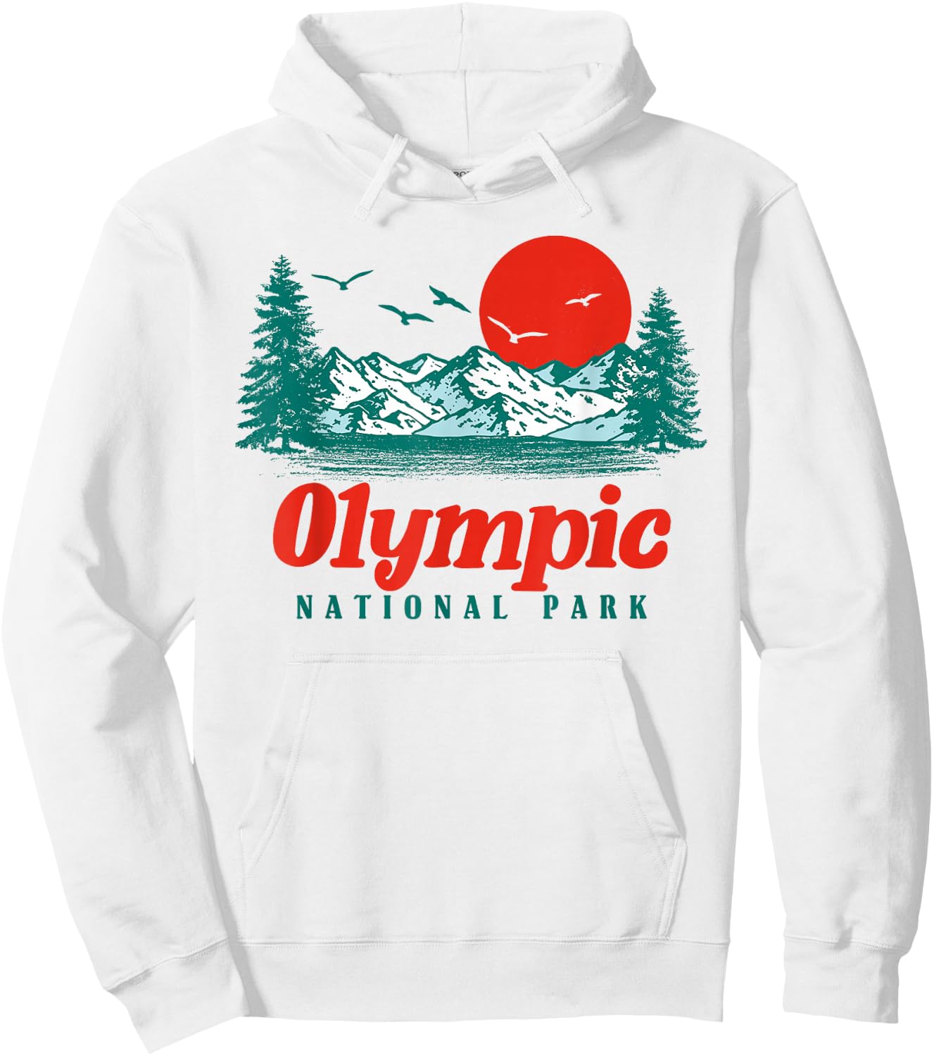 Retro Olympic National Park Mountain Trees & Sun Graphic Small Hoodie - Hoodie | White