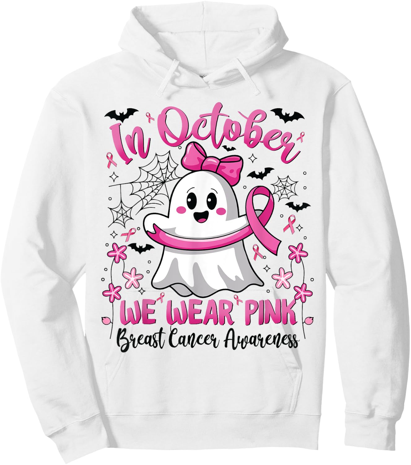 In October We Wear Pink Ghost Witch Breast Cancer Awareness Hoodie - Hoodie | White