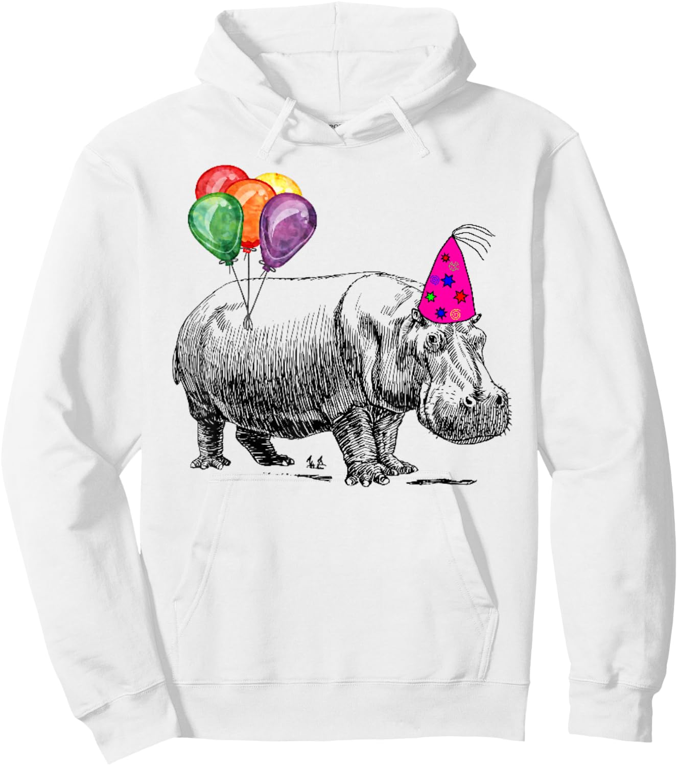 Hippo Wearing A Birthday Hat With Party Balloons Par T Shirt Hoodie - Hoodie | White
