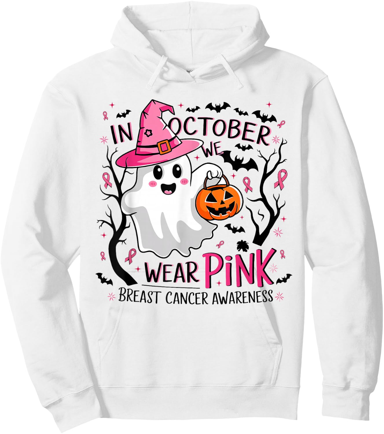 In October We Wear Pink Ghost Witch Breast Cancer Awareness Hoodie - Hoodie | White