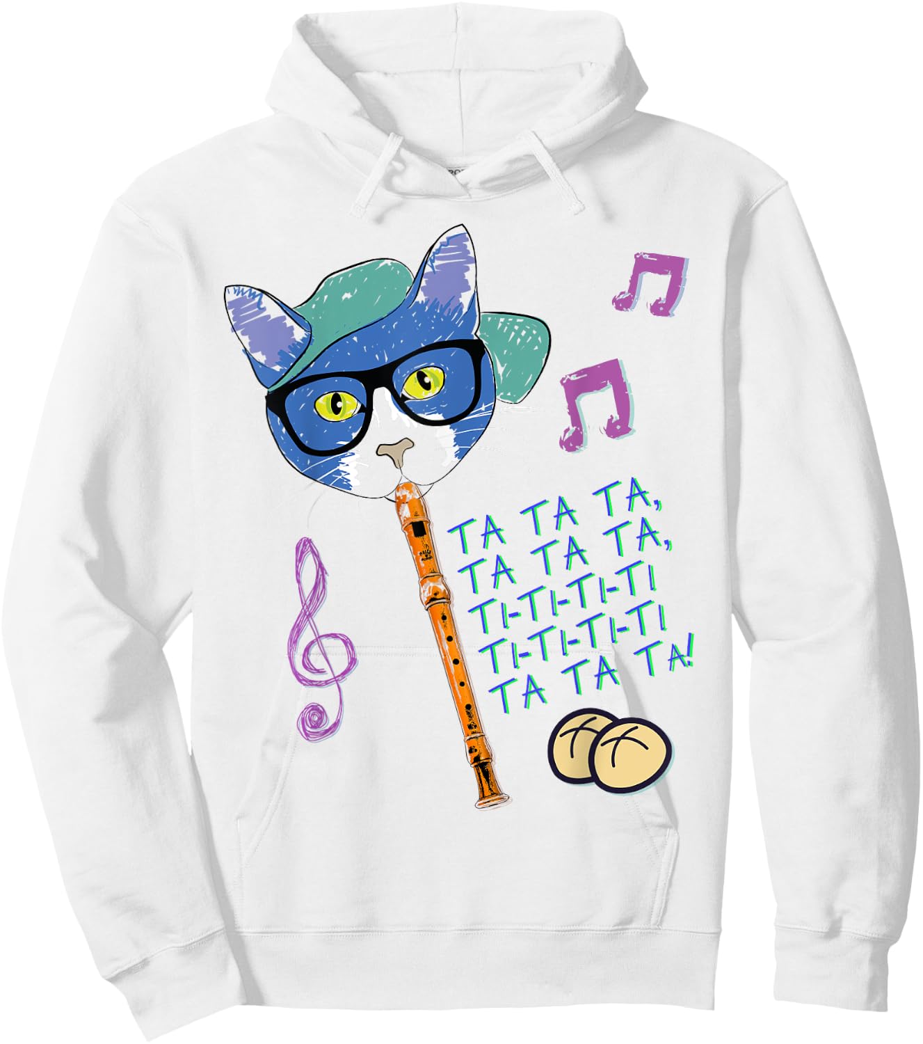 Cool Cat Playing Hot Cross Buns on Recorder Funny Elementary Hoodie - Hoodie | White