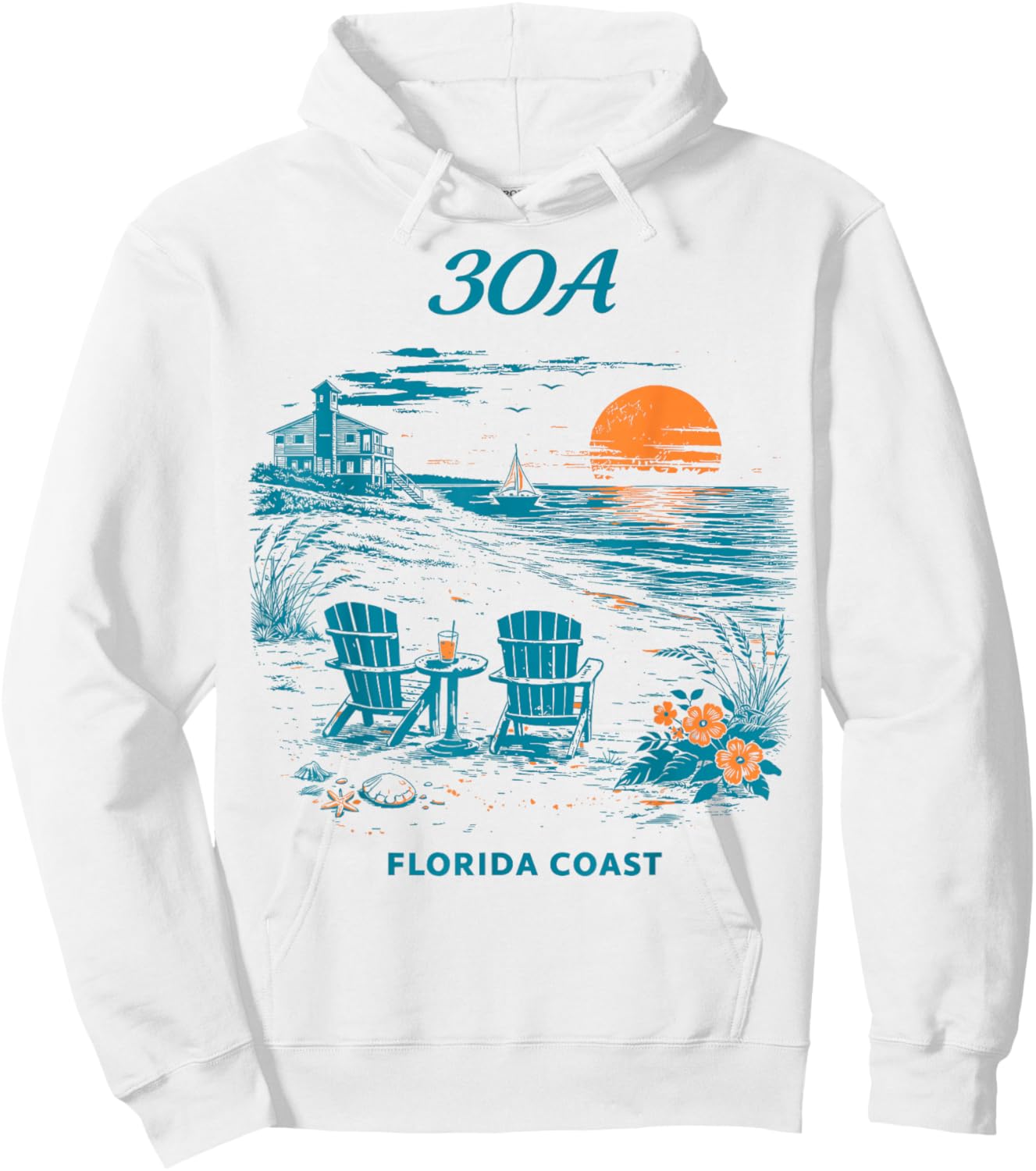30A Florida Coast Vintage Travel Scenic Illustration Hoodie - Hoodie | White