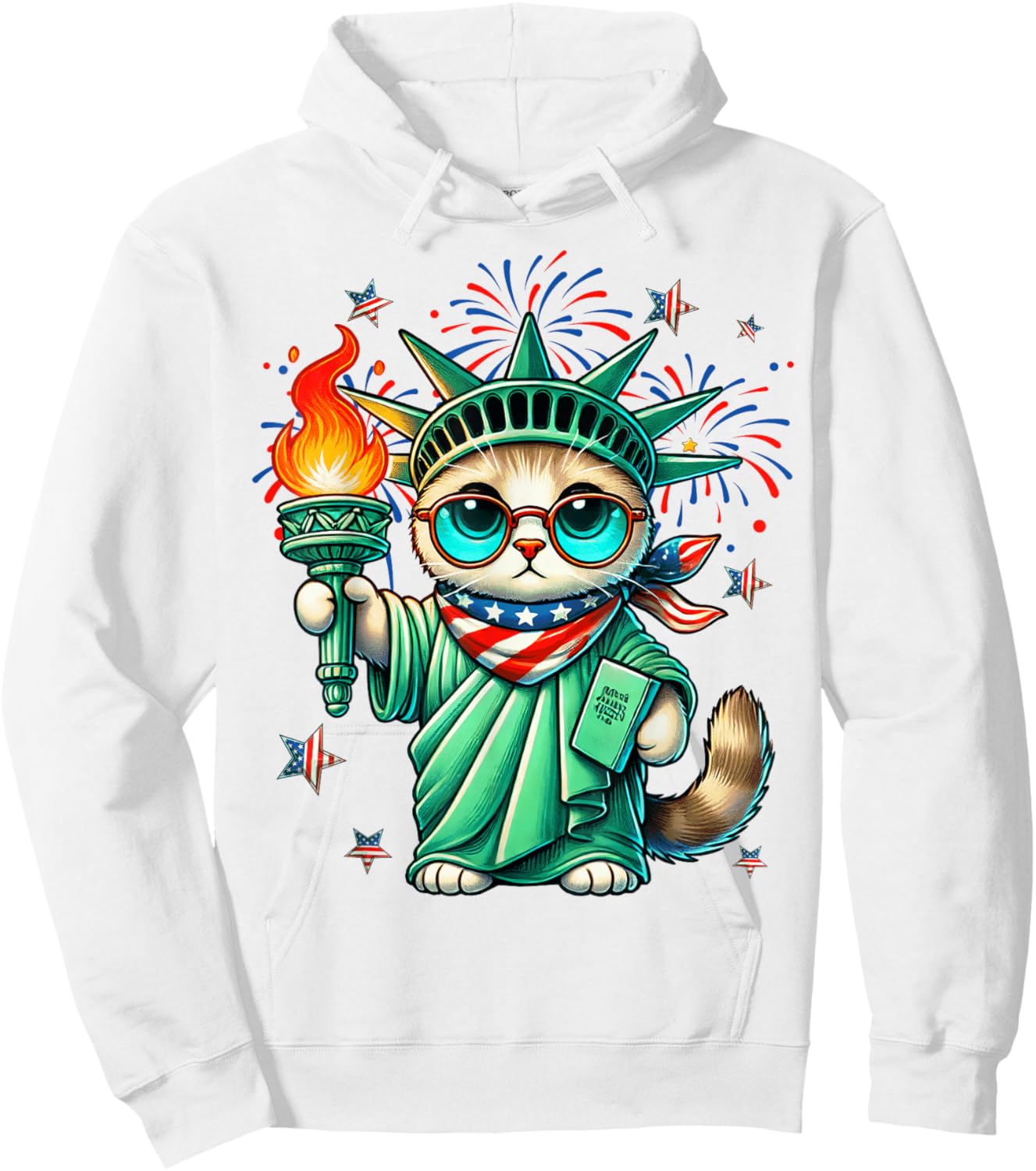 Funny Statue Of Liberty Cat USA Flag Independence Day July 4 Hoodie - Hoodie | White