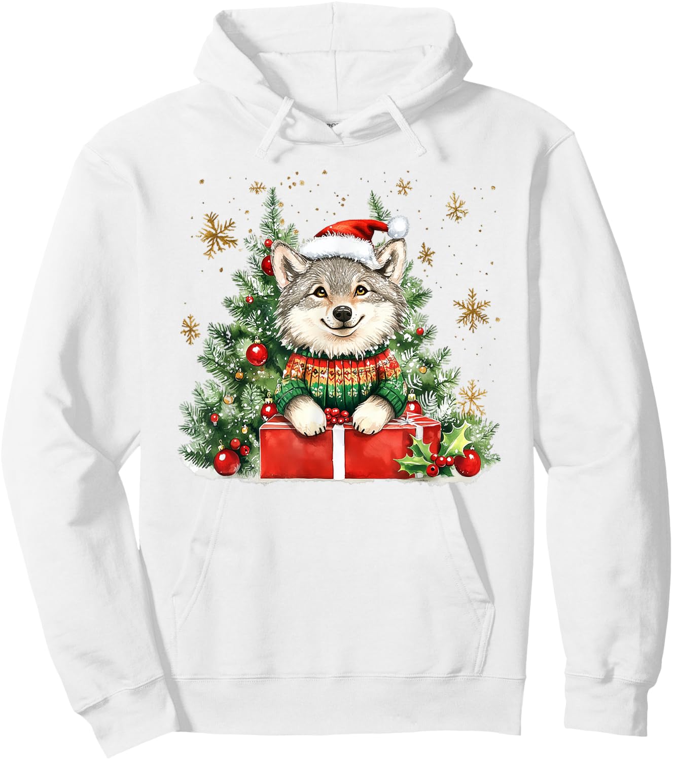 A Wolf In A Sweater & Hat With Christmas Decorations Hoodie - Hoodie | White