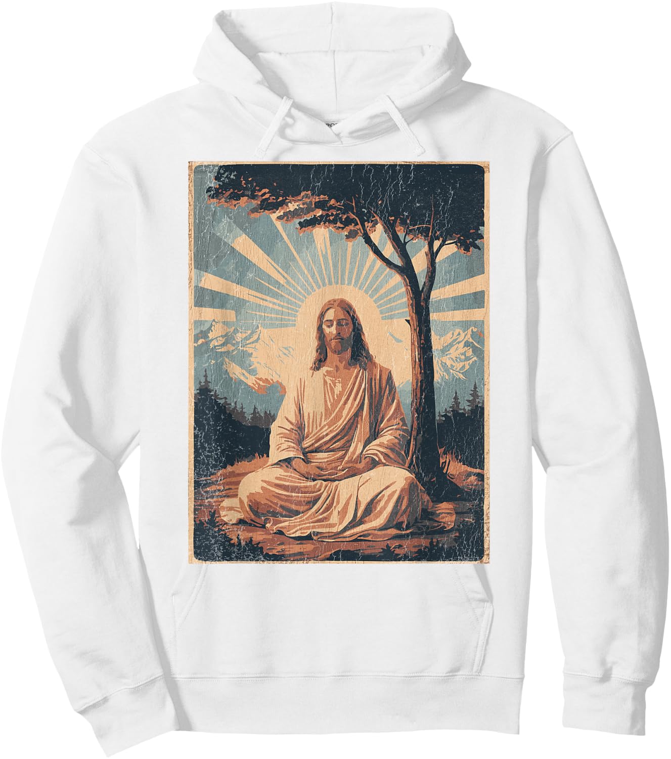 Jesus Meditating Under Tree, Mountains - Retro Faded Print Hoodie - Hoodie | White