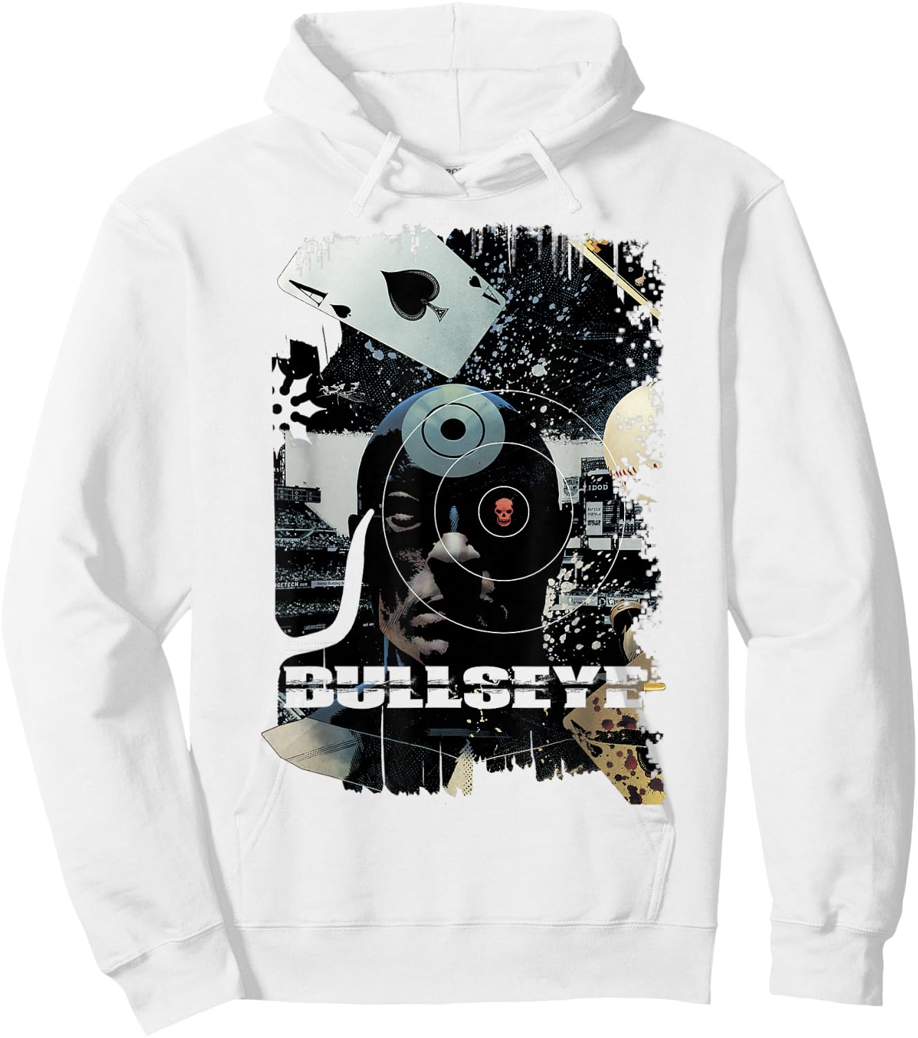 Marvel Bullseye Grunge Ace of Spades Mugshot Graphic Hoodie - Hoodie | White