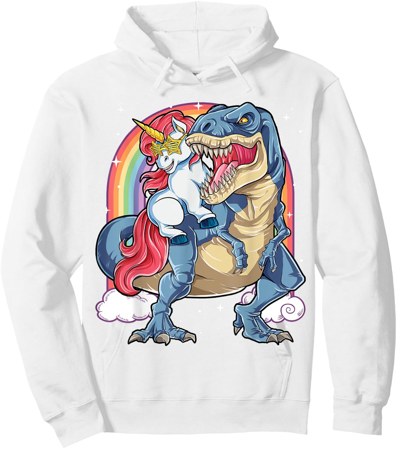 Unicorn Riding Dinosaur T rex Shirt Boys Girls Kids Rainbow Hoodie - Hoodie | White